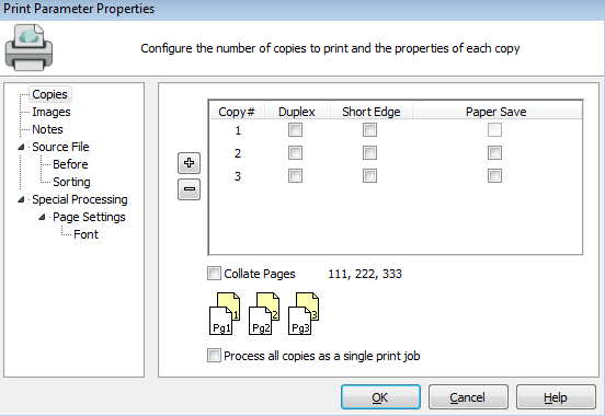 The print parameter properties dialog. Copies is selected in the tree on the left. On the right are the properties for copies; including, the number of copies and the print properties for each copy. Properties include duplex printing (printing on both sides of the page), flipping the page on the short edge, and paper save. Each property has a checkbox. Page collation is toggled at the bottom.  